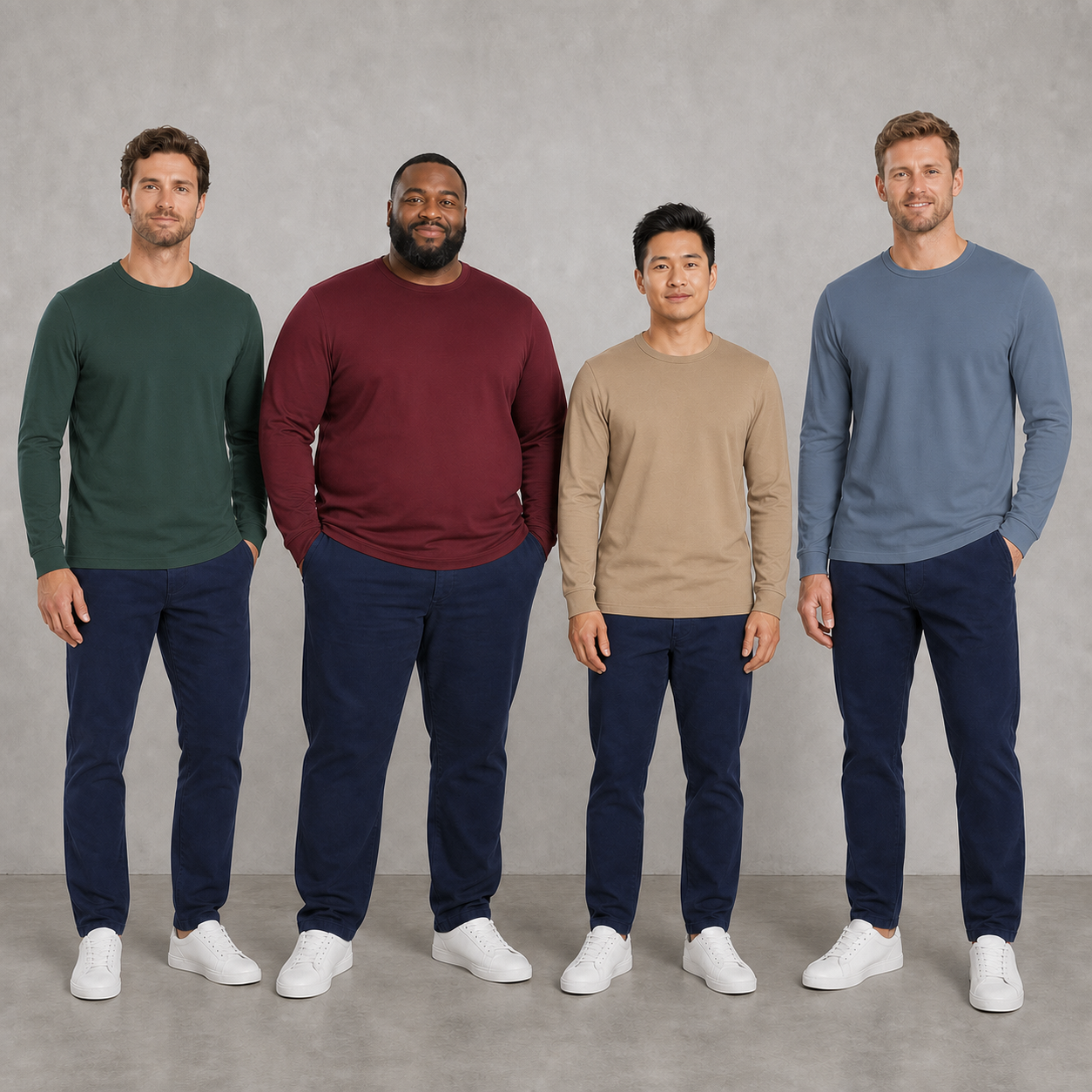 Four men wearing T-shirt set B colors