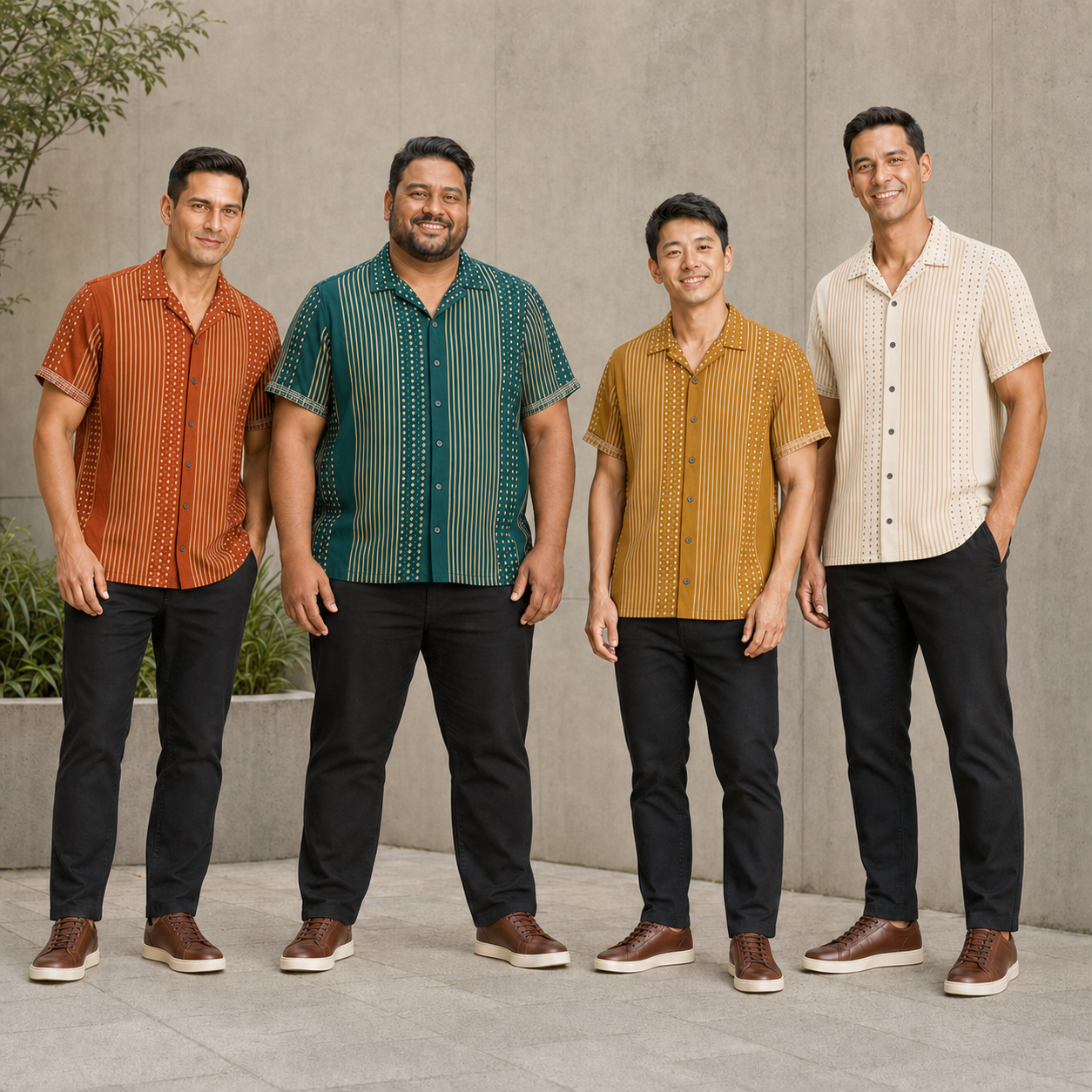 Four men wearing rust teal mustard and ivory stripe shirts