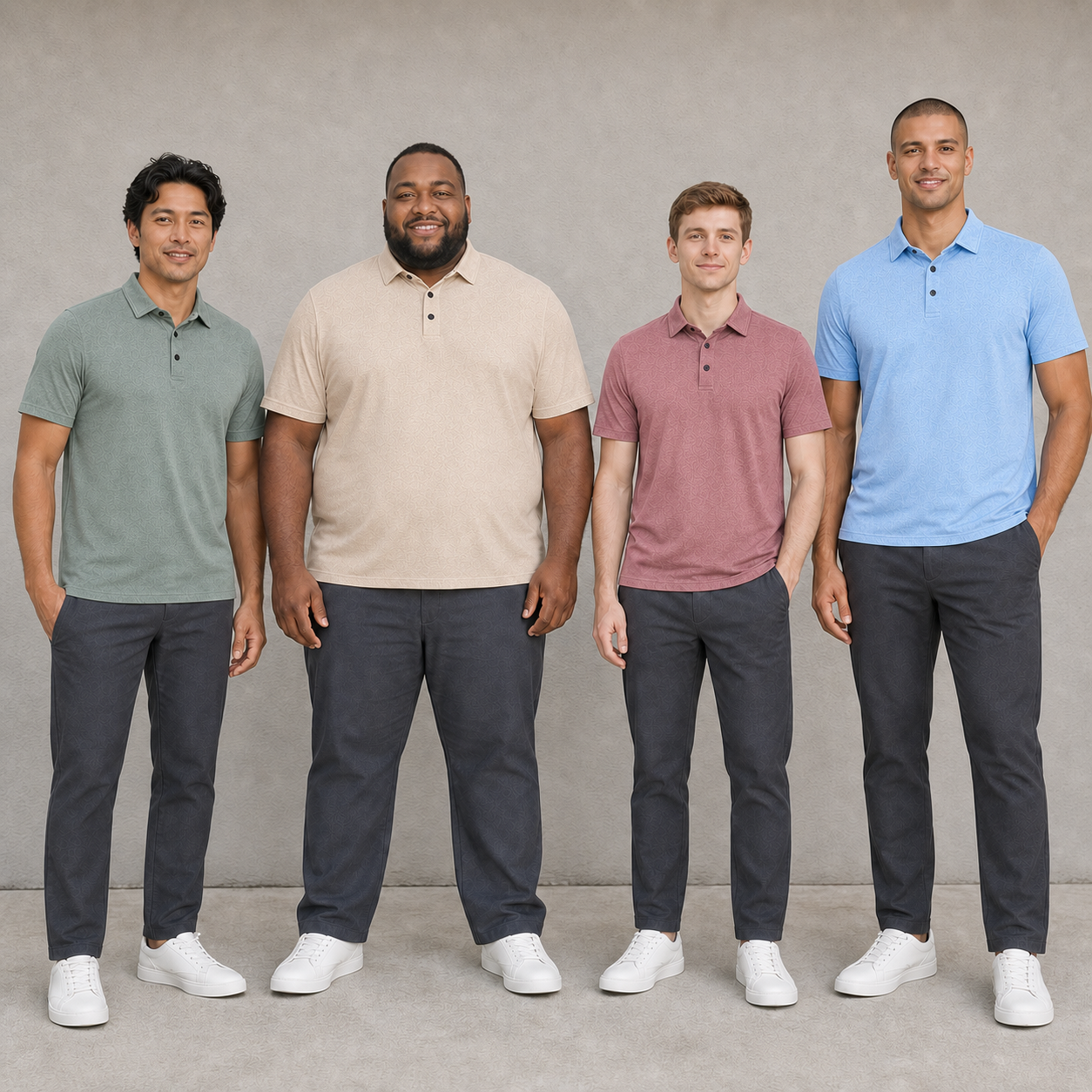 Men wearing sage sand dusty rose and sky blue polos