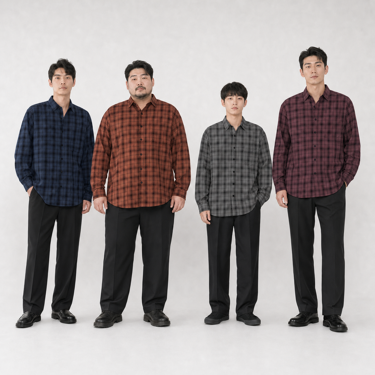 Four men wearing navy, rust, charcoal and burgundy plaid shirts