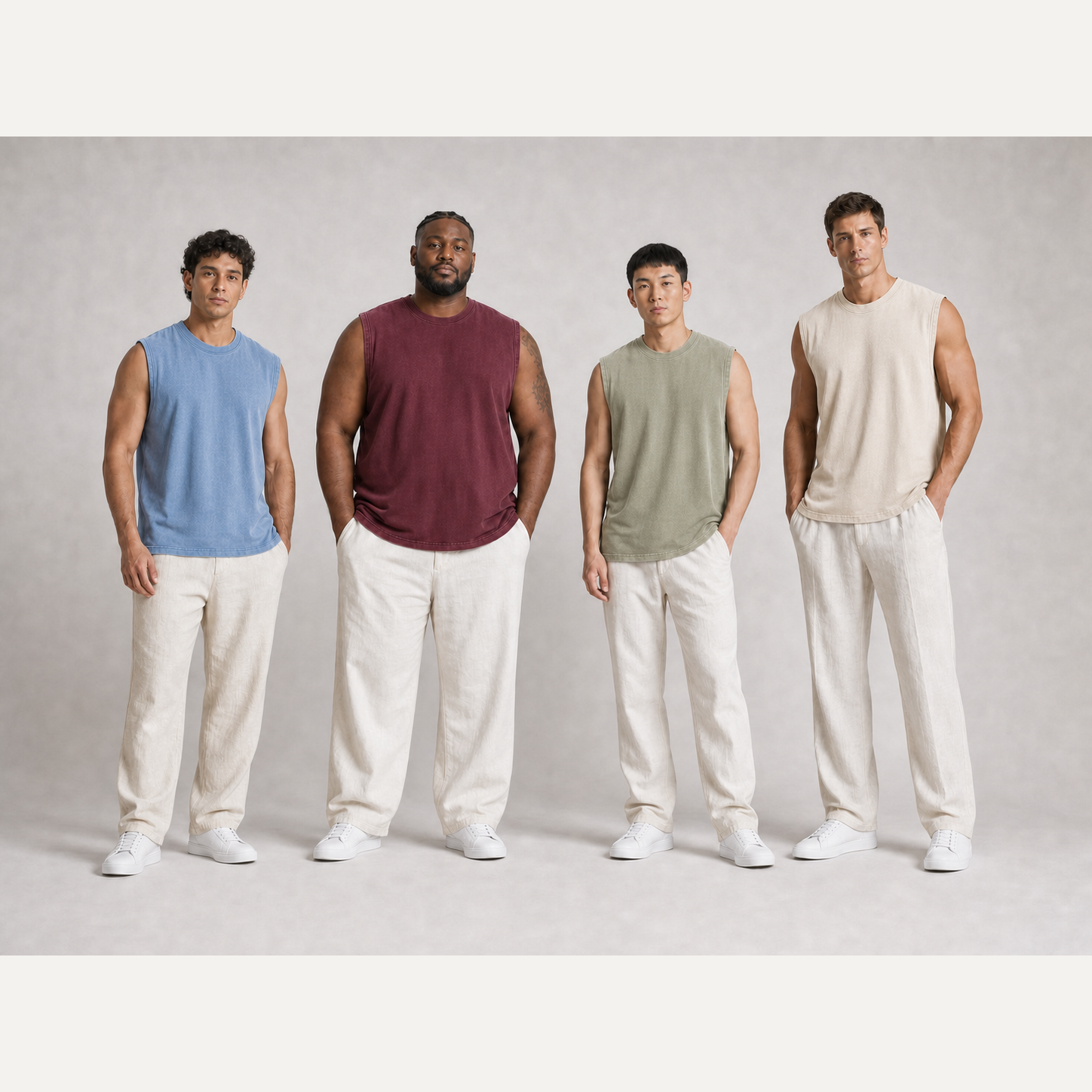 Four men wearing blue burgundy sage and cream sleeveless T-shirts