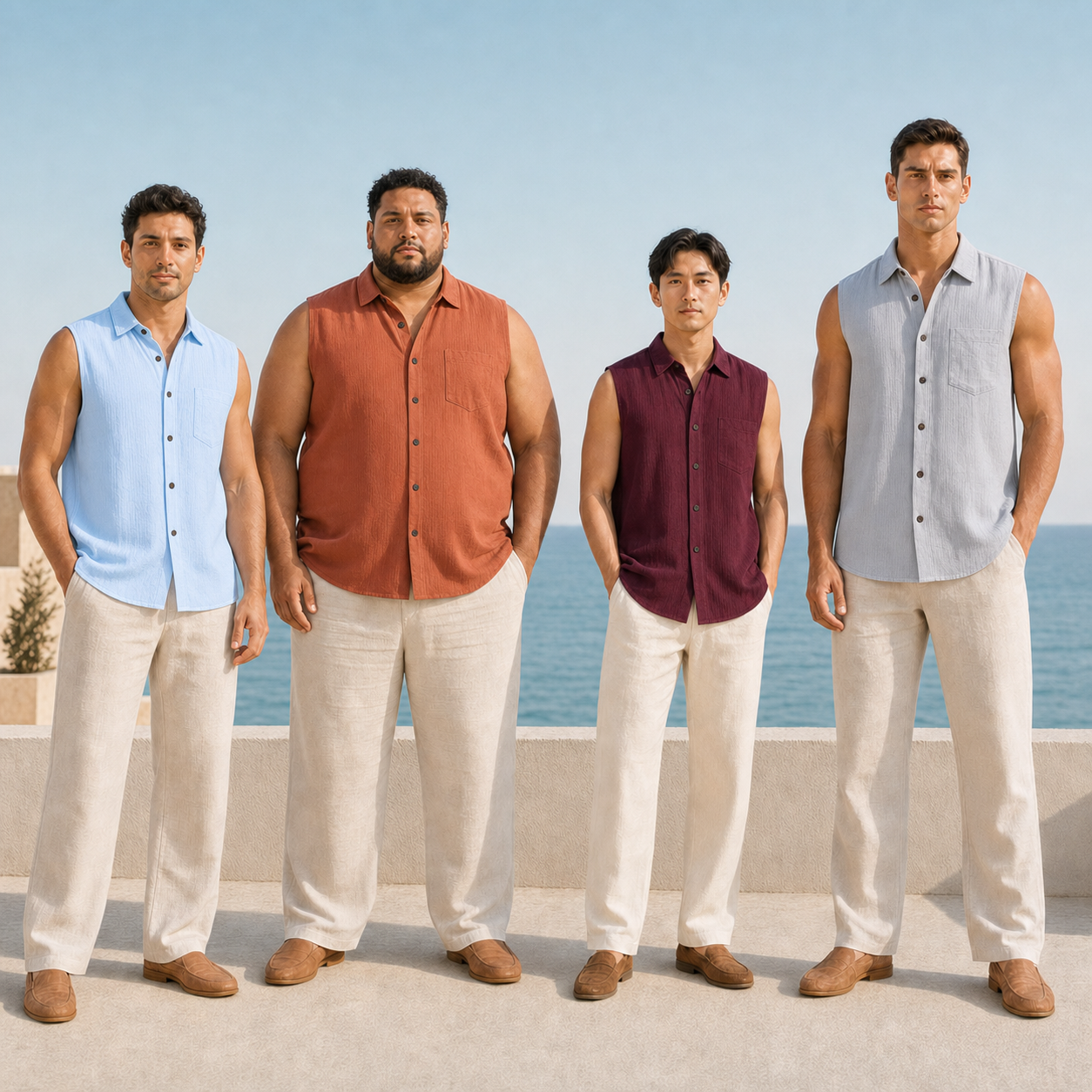 Four men wearing sky blue terracotta burgundy and light gray sleeveless shirts