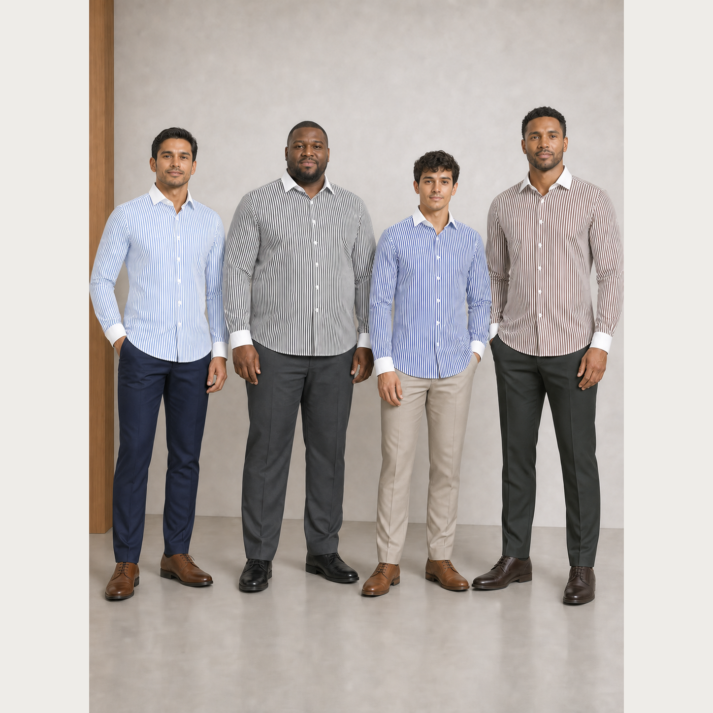 Four men wearing sky charcoal royal and brown stripe shirts