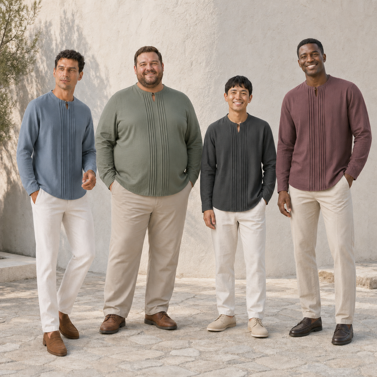 Four men wearing mixed four pack B pintuck shirts