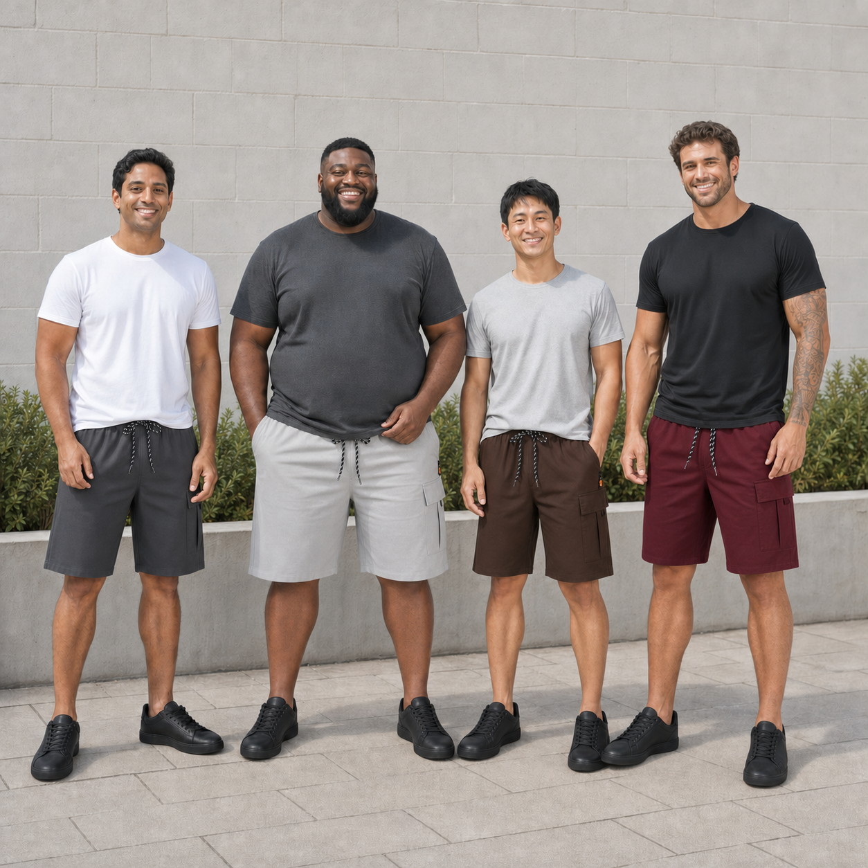 Four men wearing charcoal stone brown and burgundy cargo shorts