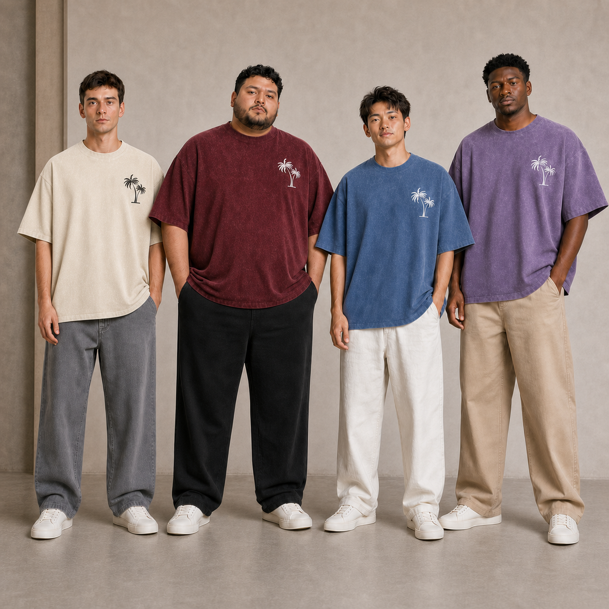 Four men wearing washed palm graphic oversized T-shirts in pack B colors