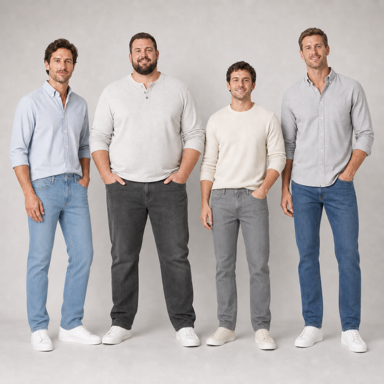 Four men wearing light blue charcoal stone and vintage blue jeans