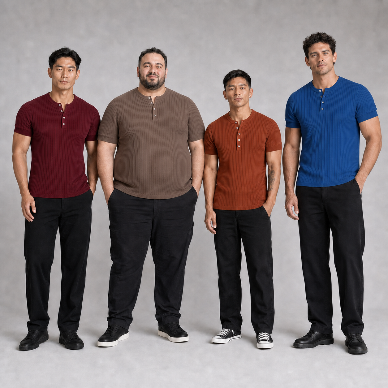Four men wearing burgundy warm taupe rust brown and cobalt blue Henley shirts