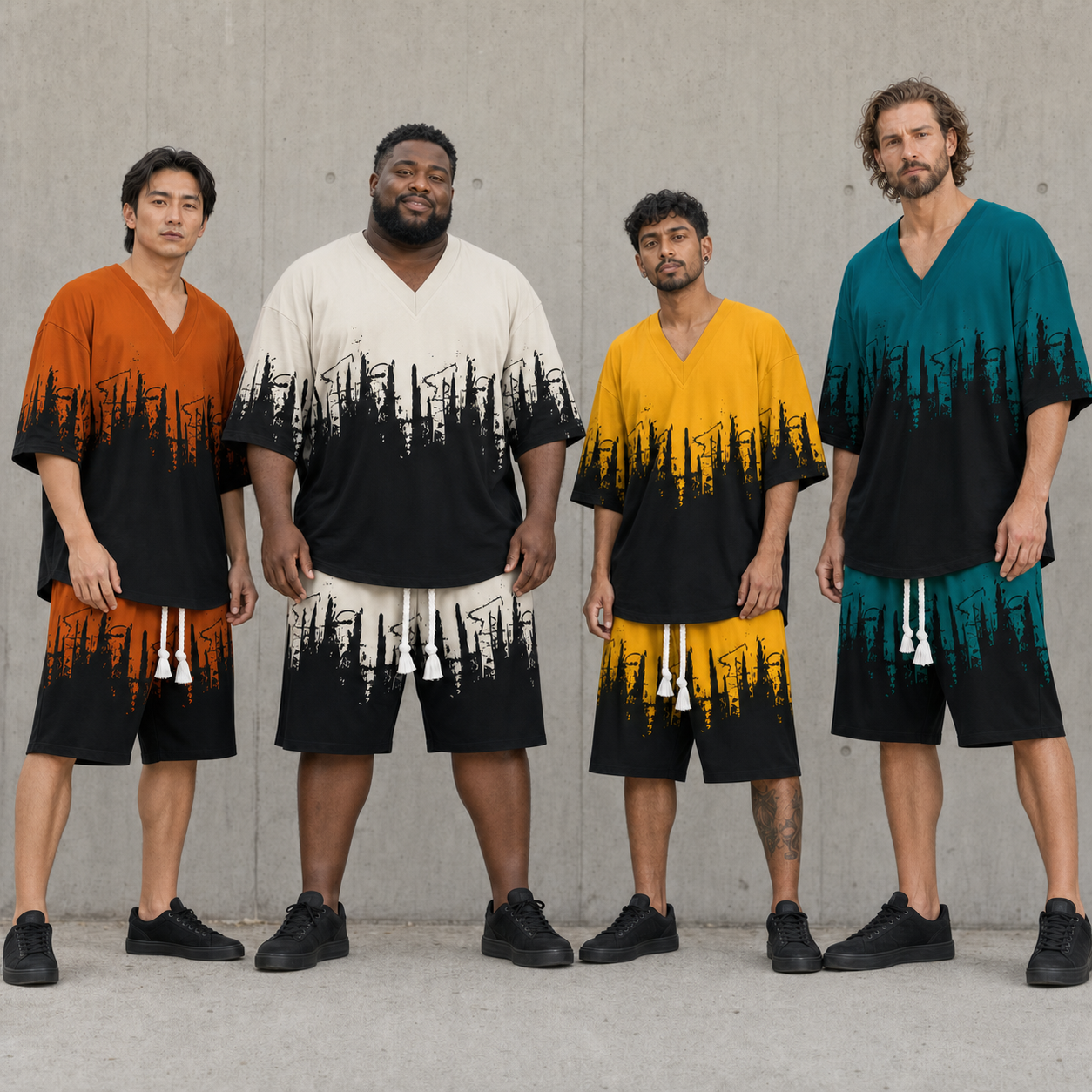 Four men wearing orange white yellow and teal city print sets