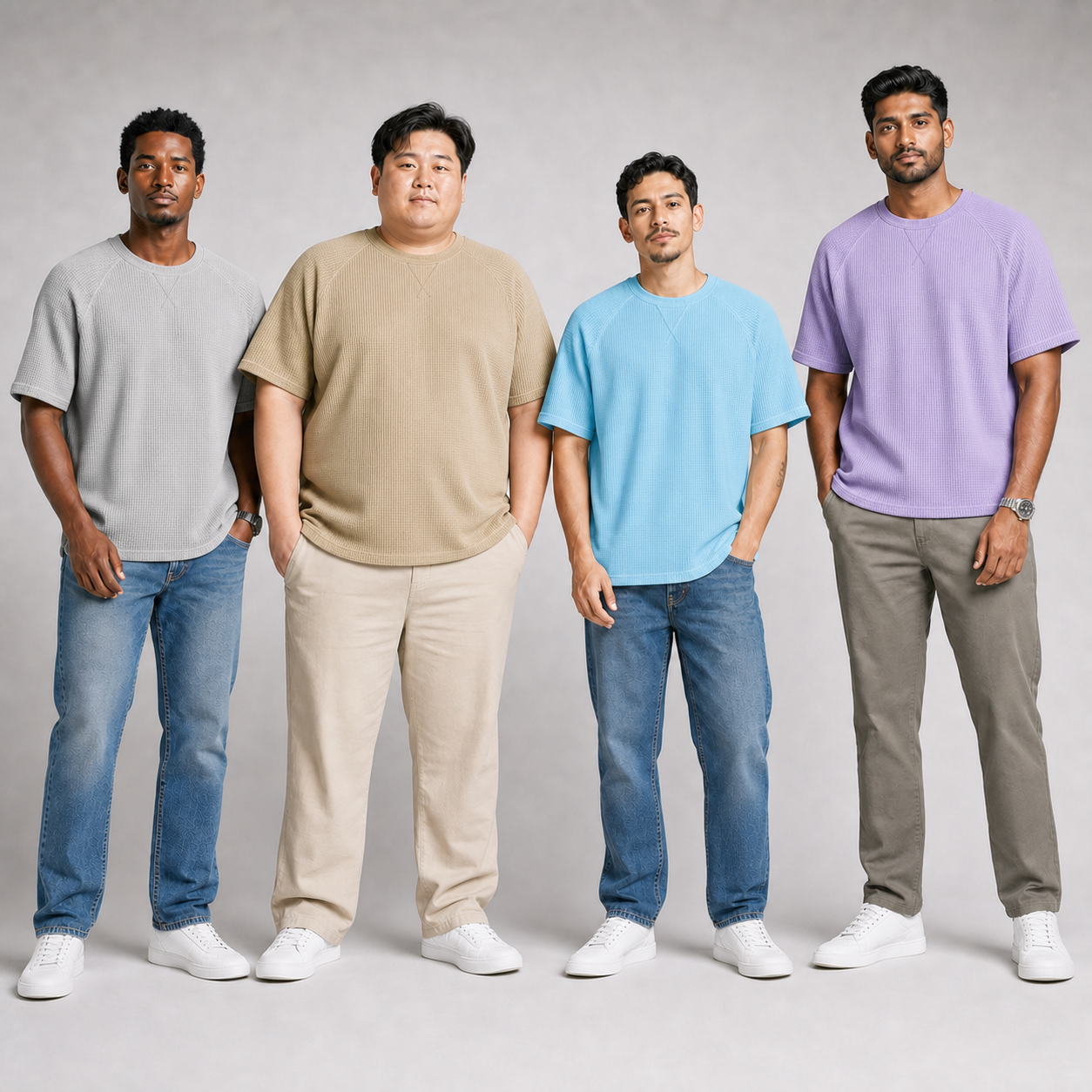 Four men wearing gray beige blue and lavender waffle raglan T-shirts