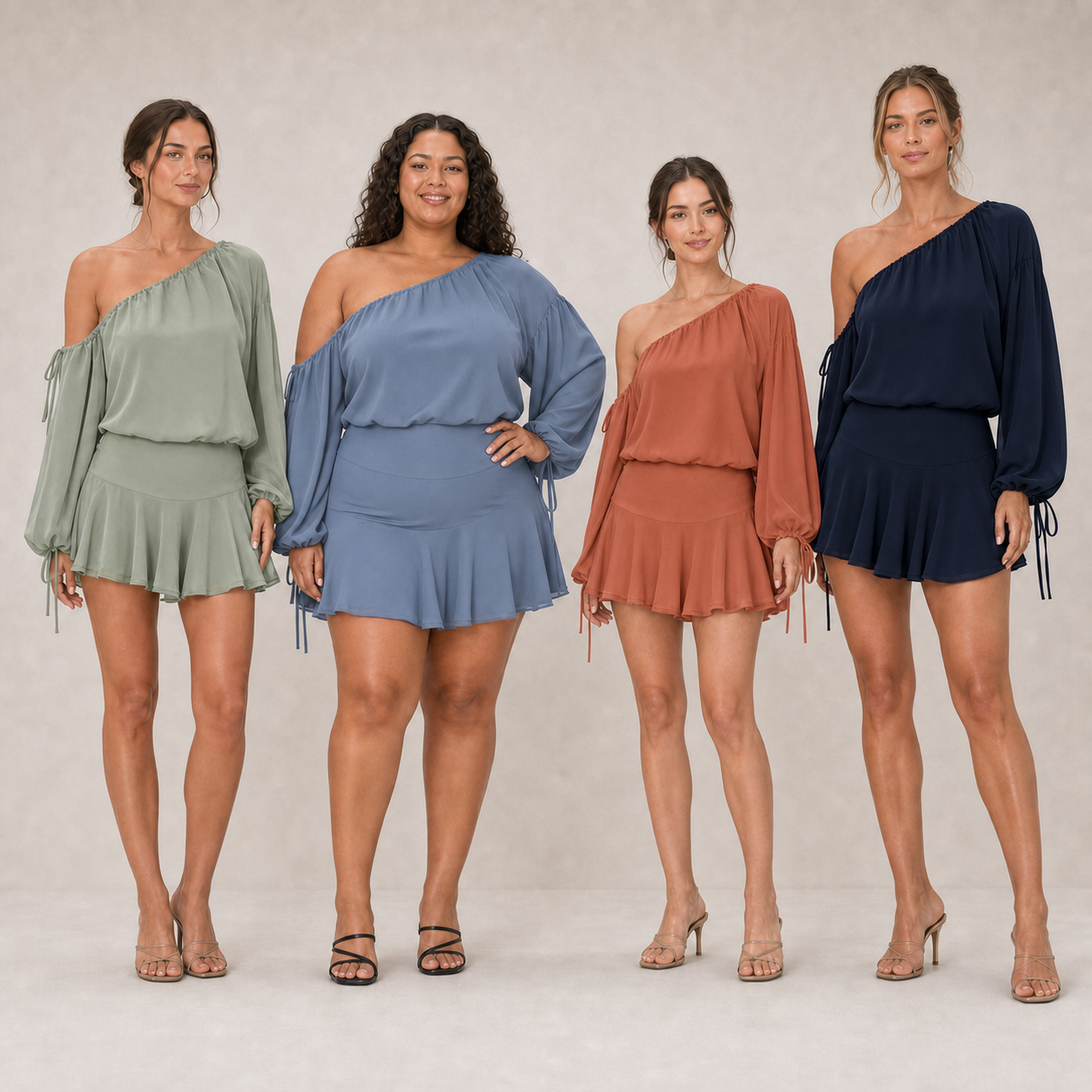 Four women wearing pack B one-shoulder skirt set colors