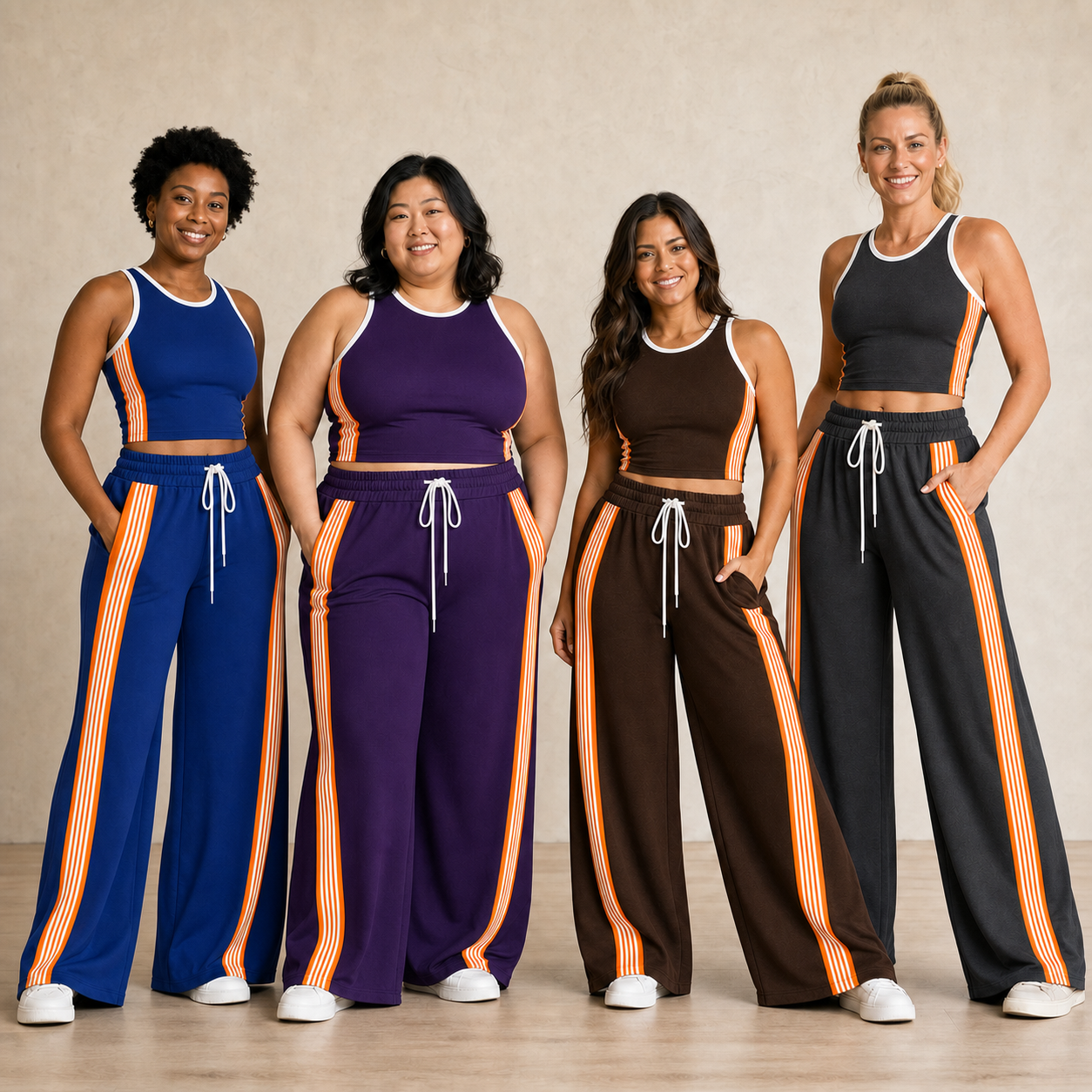 Four women wearing blue purple brown and charcoal wide-leg sets