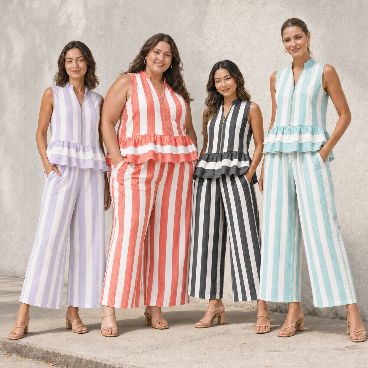 Four women wearing striped zip peplum sets in pack B colors