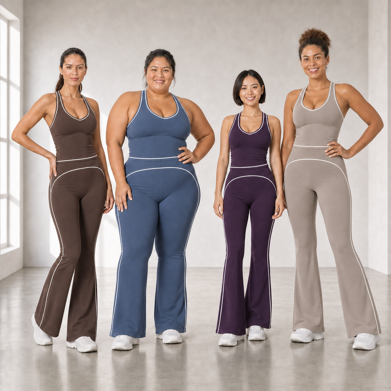 Four women wearing mixed four pack B flare active sets