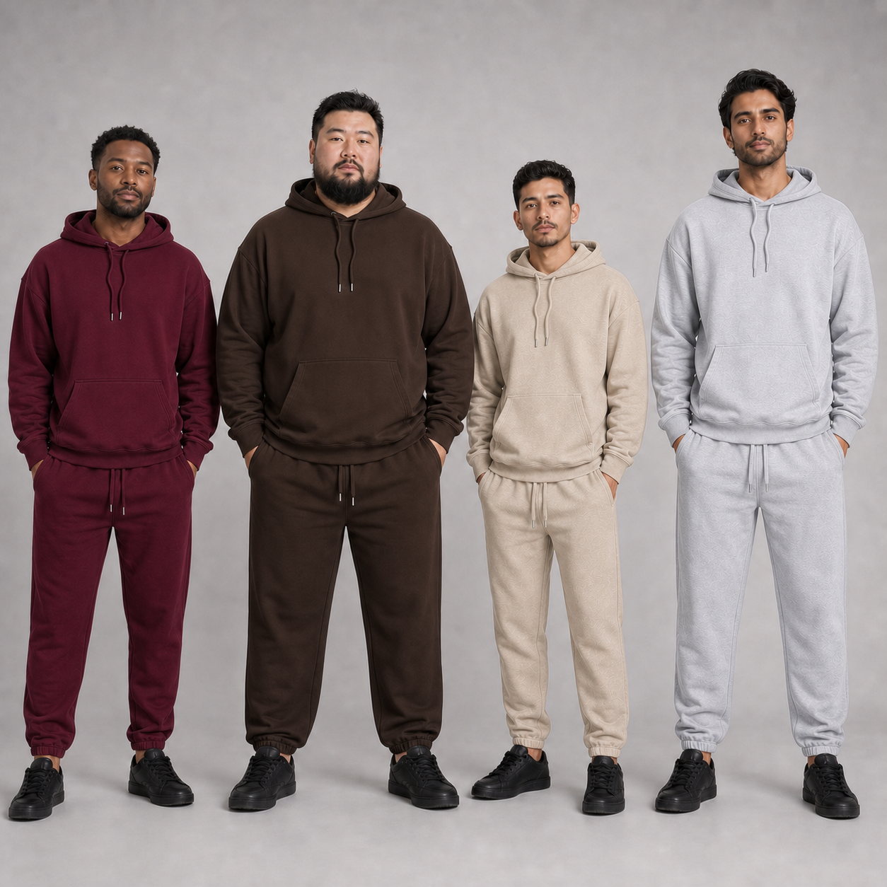 Four men wearing burgundy brown beige and gray hoodie sets