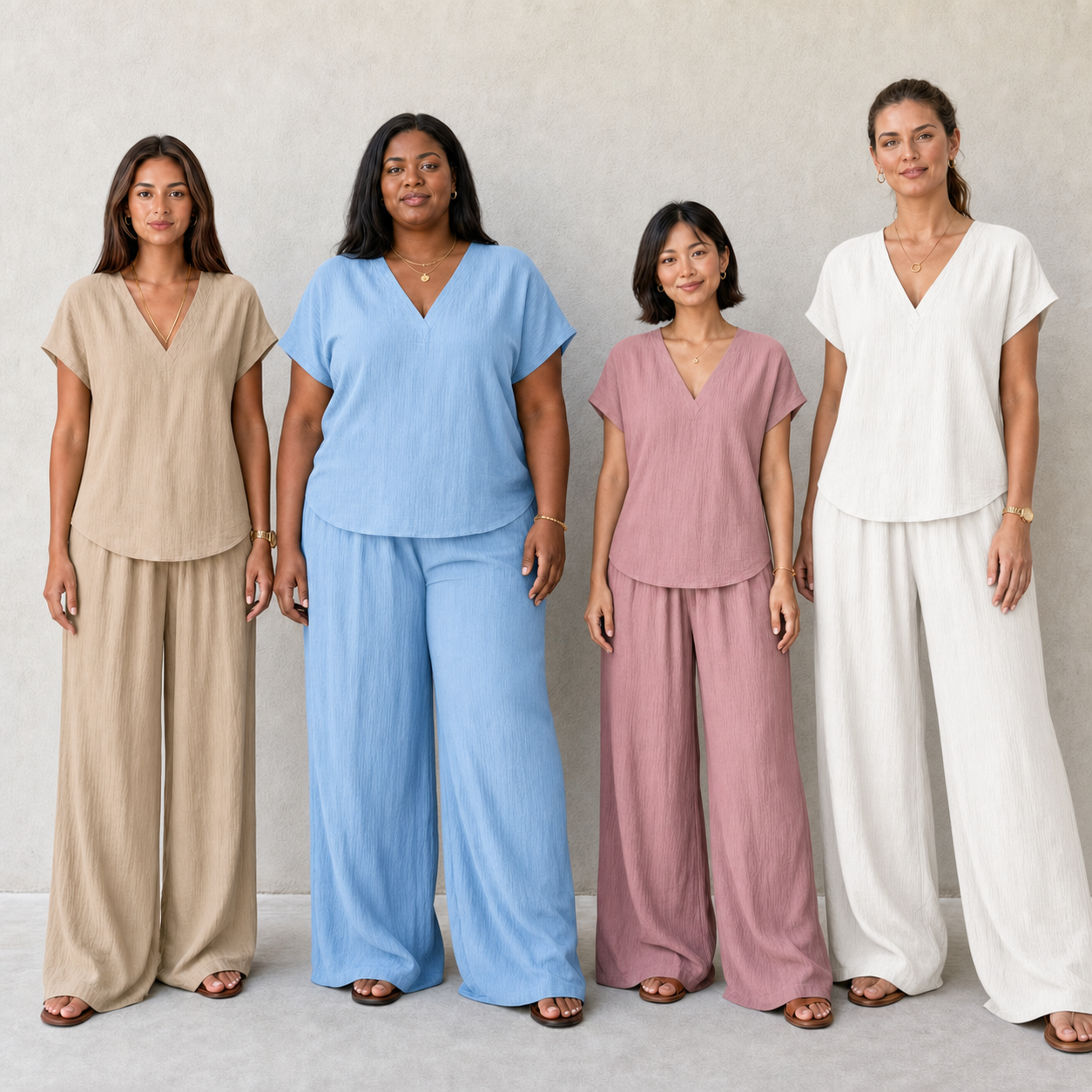 Four women wearing beige blue rose and white crinkle sets