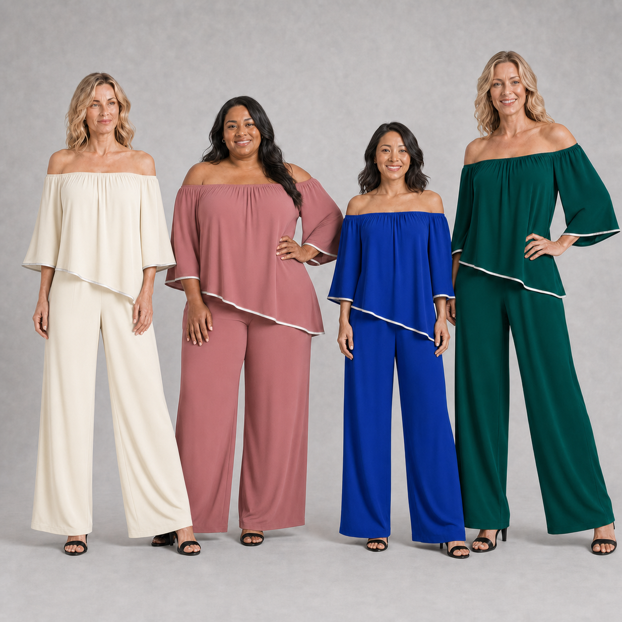 Four women wearing ivory dusty rose royal blue and deep teal off-shoulder sets