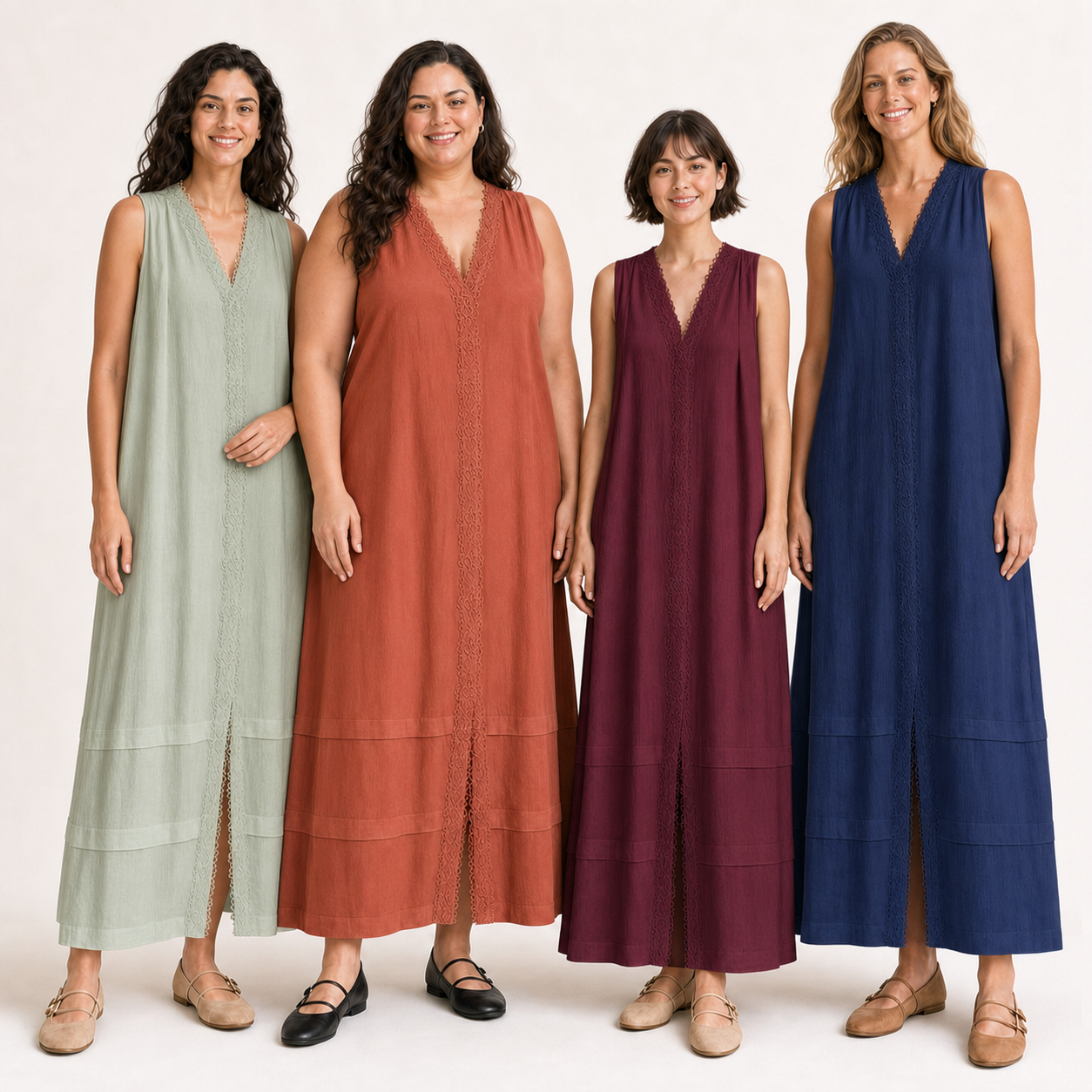 Four women wearing pack B lace-trim maxi dress colors