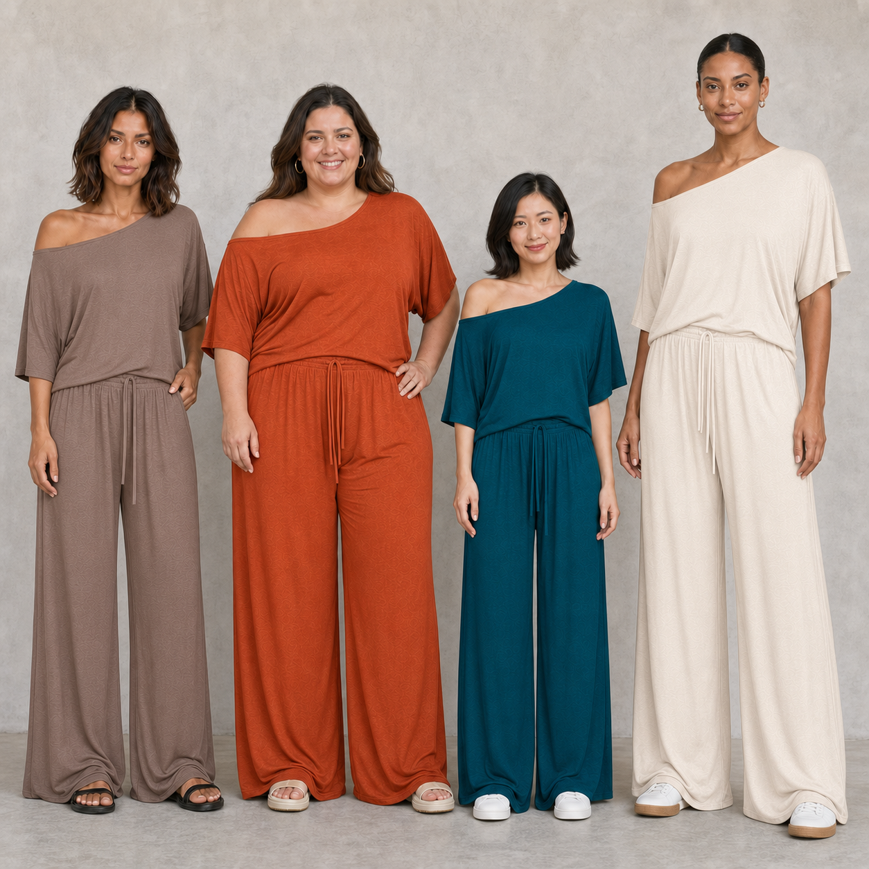 Four women wearing taupe rust teal and cream sets
