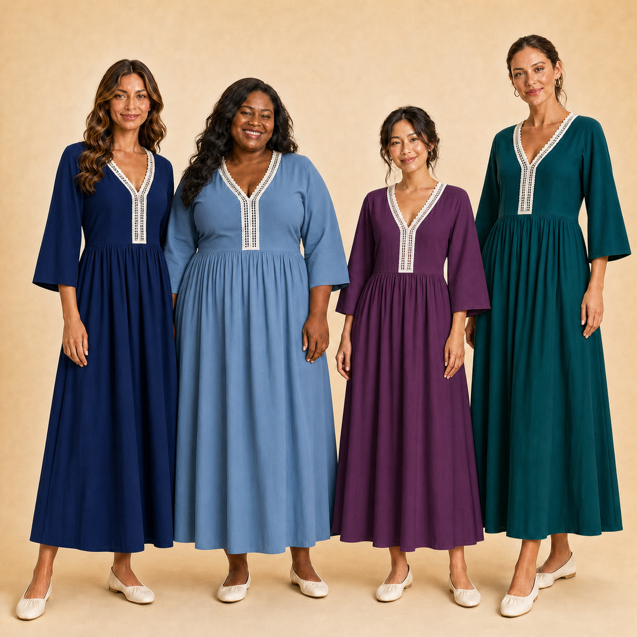 Four women wearing pack B contrast-lace dress colors