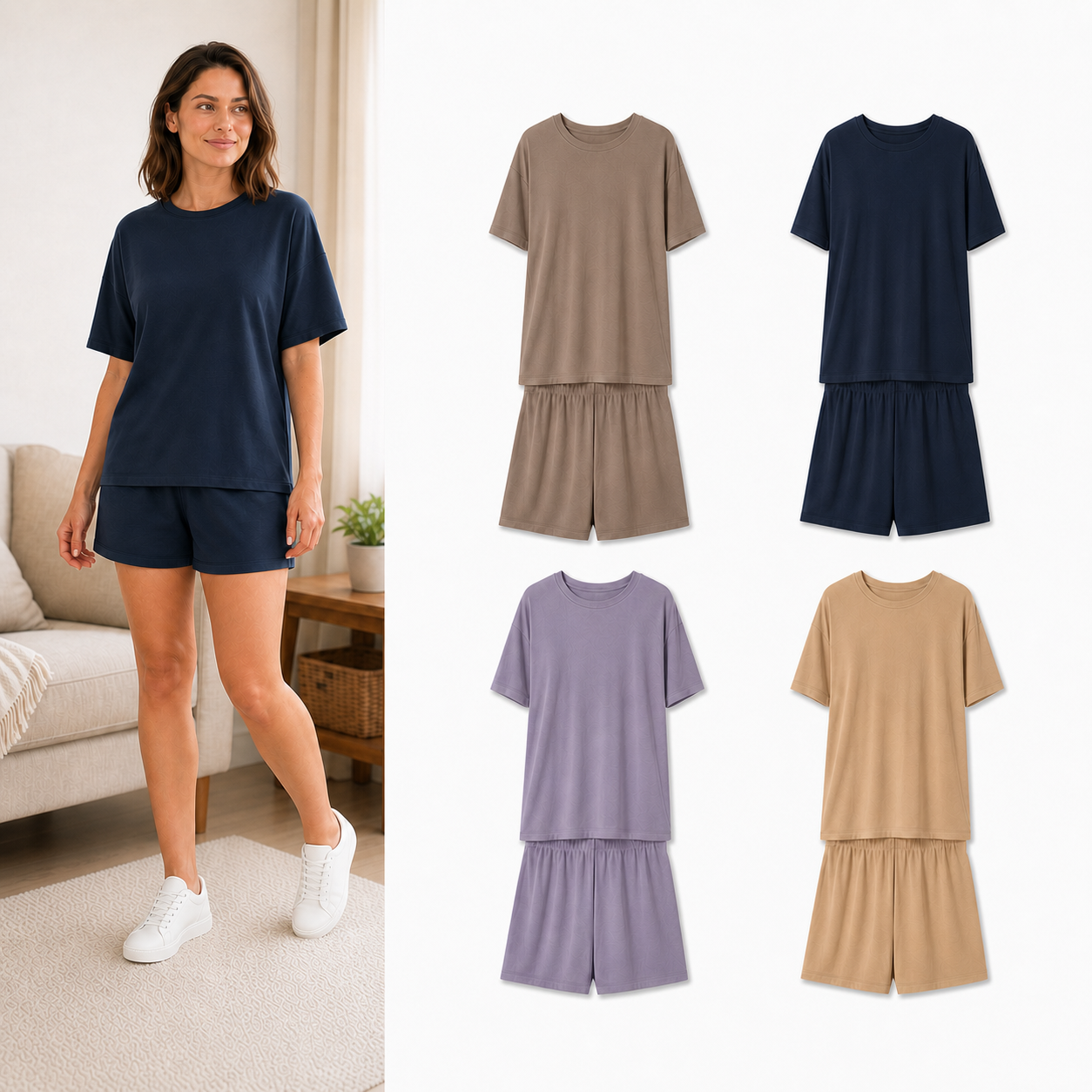 Four-color women's relaxed top and shorts set B