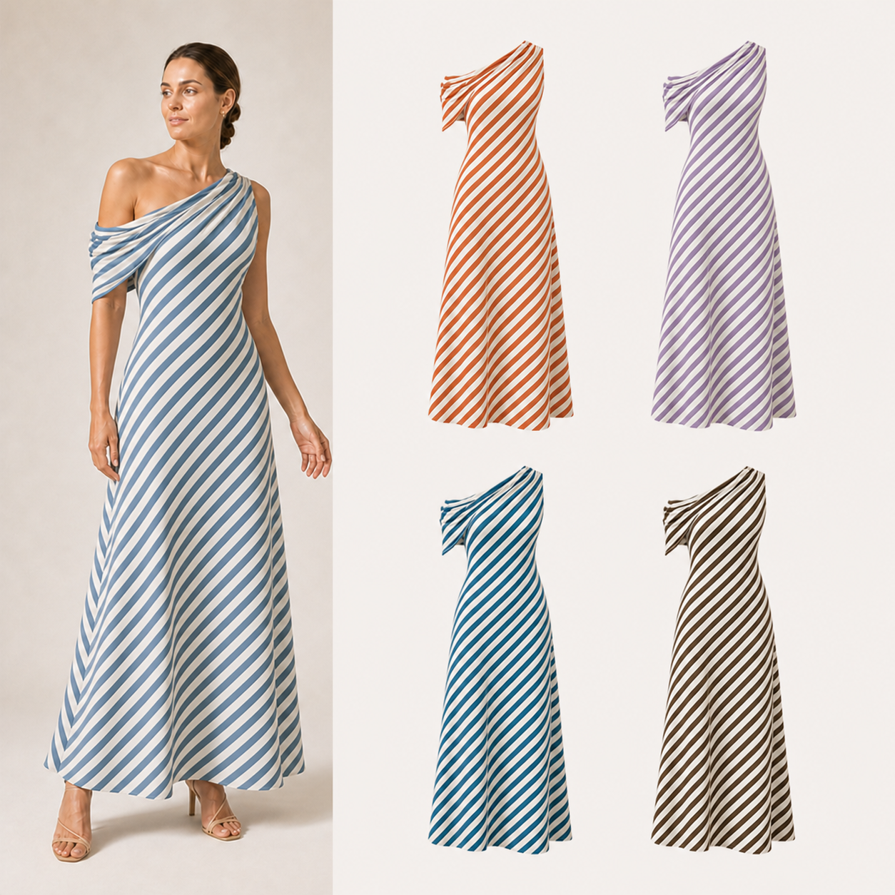 Women's diagonal stripe one-shoulder maxi dress mixed four pack B