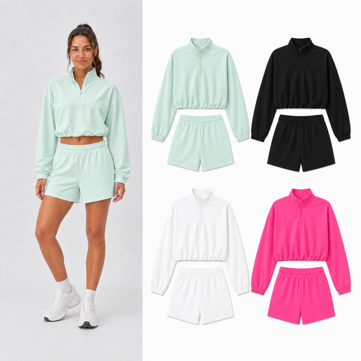 Women's half-zip two-piece shorts set mixed four pack B