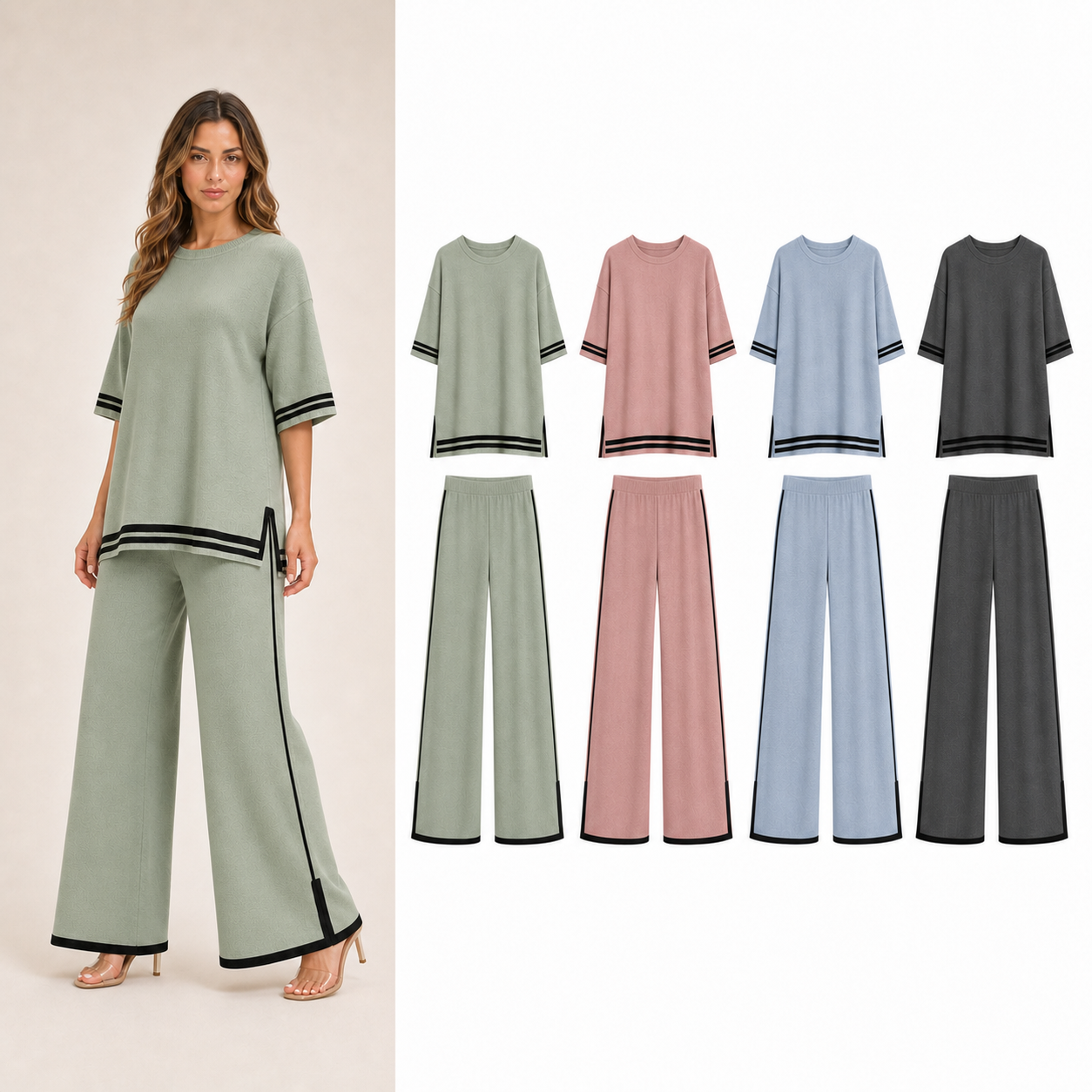 Women's contrast trim knit pants set mixed four pack B