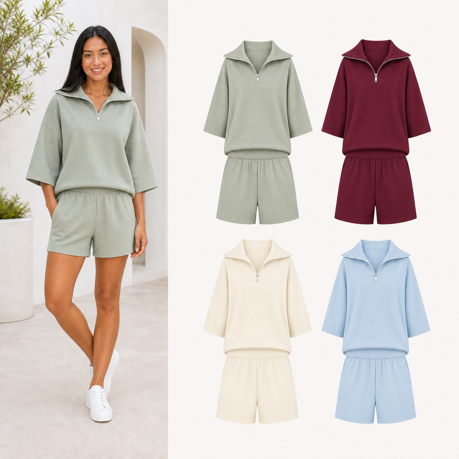 Women's half-zip wide-sleeve shorts set mixed four pack B
