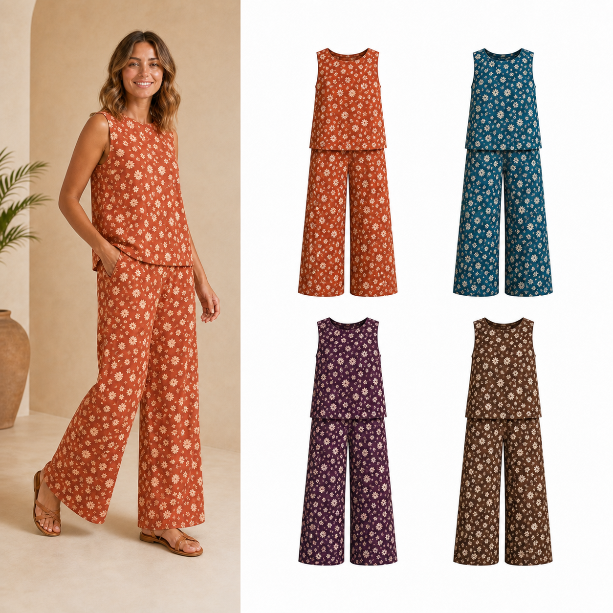 Women's daisy print wide-leg set four-pack B