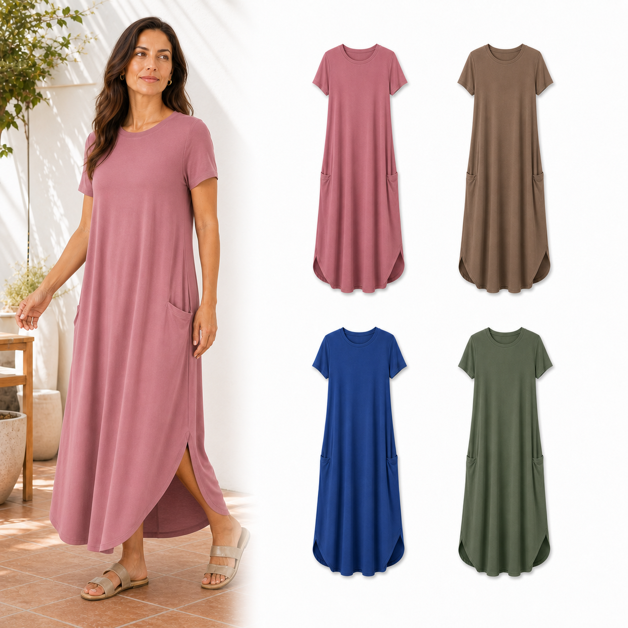 Four-color women's relaxed pocket maxi dress set B