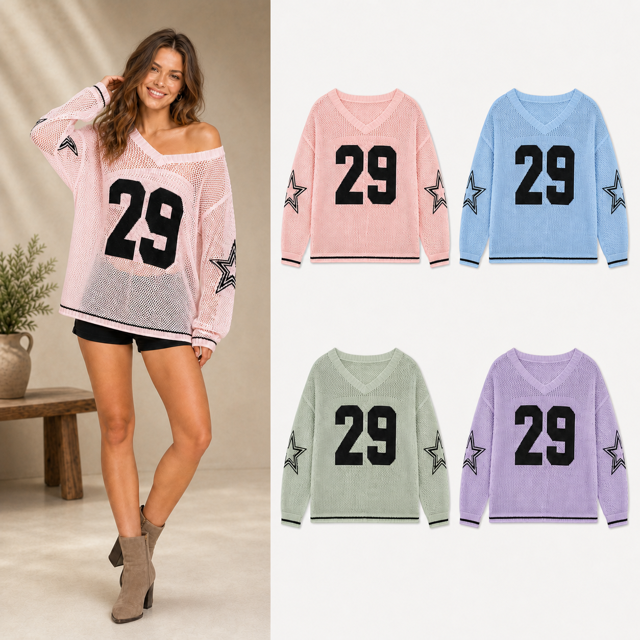 Women's open knit number 29 star sweater mixed four pack B