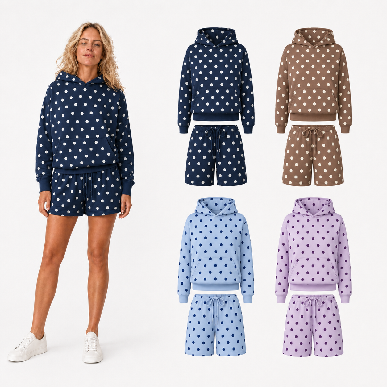 Women's polka dot hoodie shorts set mixed four pack B