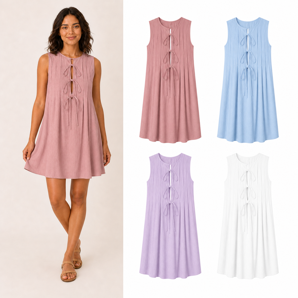 Women's tie-front pintuck mini dress mixed four pack B