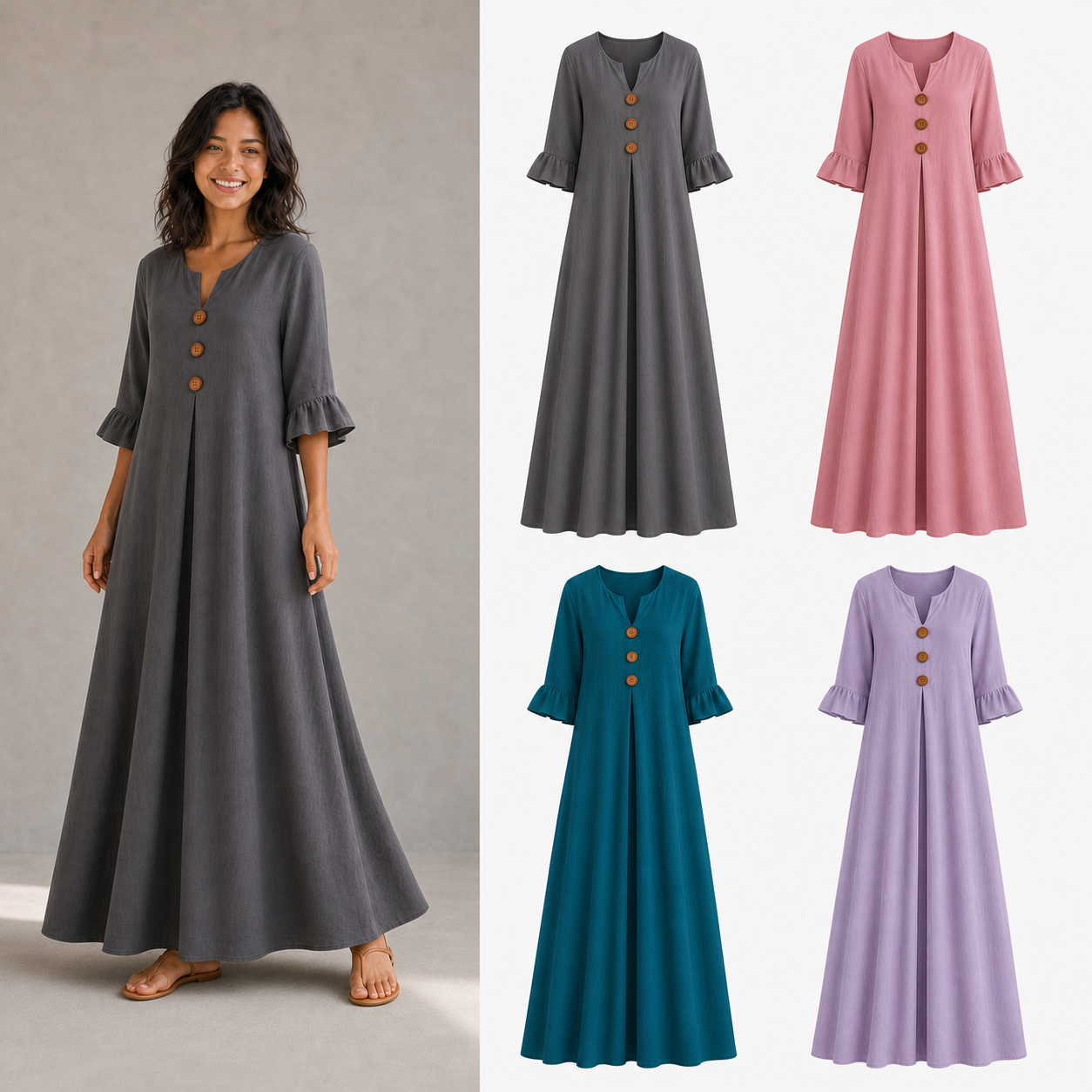 Women's wood-button maxi dress mixed four pack B