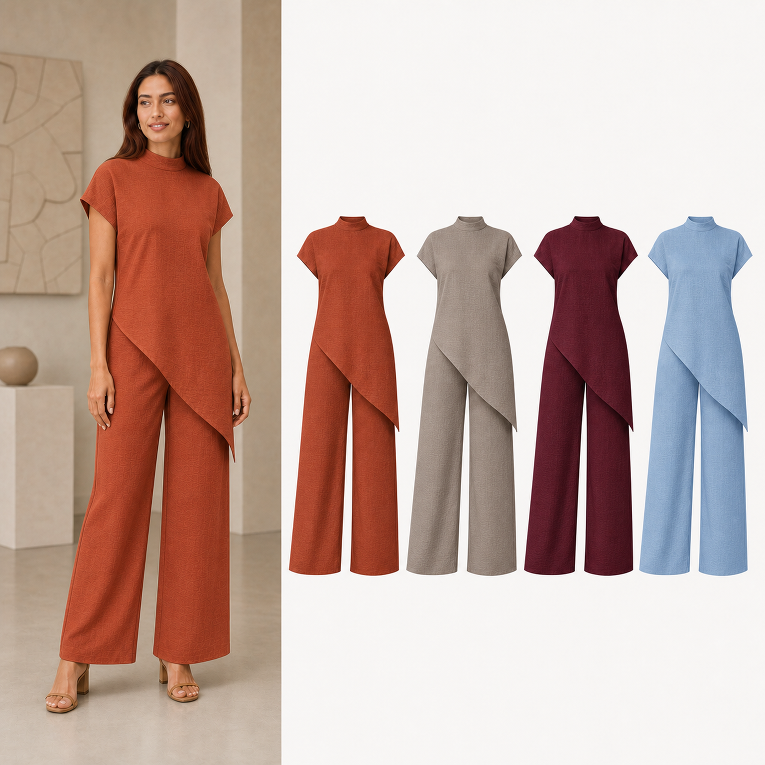Women's mock-neck asymmetric wide-leg pants set mixed four pack B