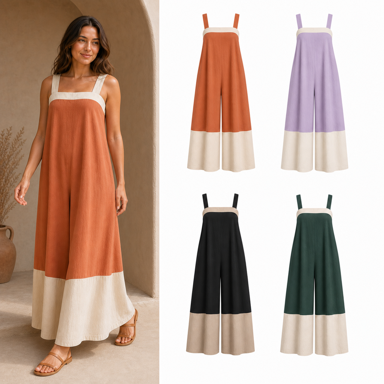 Women's colorblock wide-leg jumpsuit four-pack B