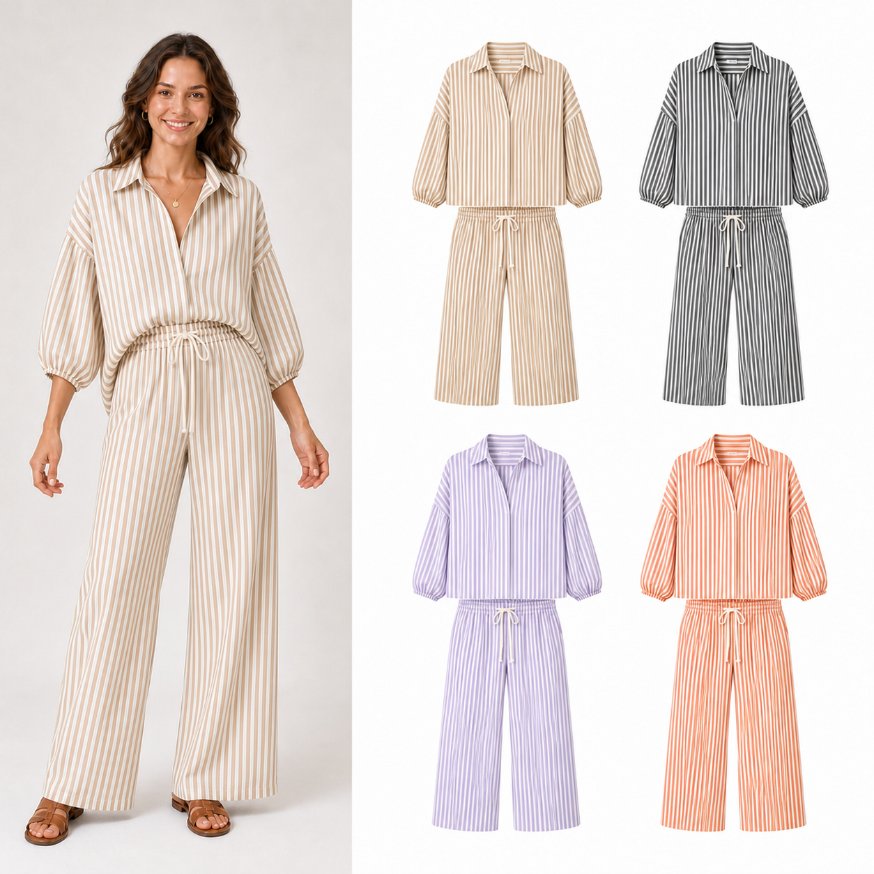 Women's striped shirt and wide leg pants mixed four pack B