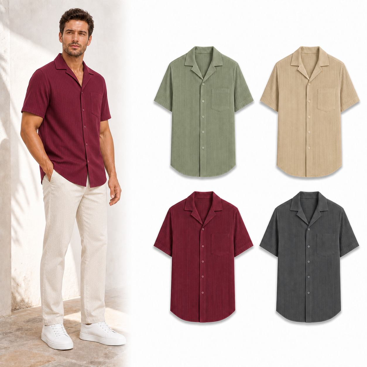 Four color men's pleated texture shirt set B