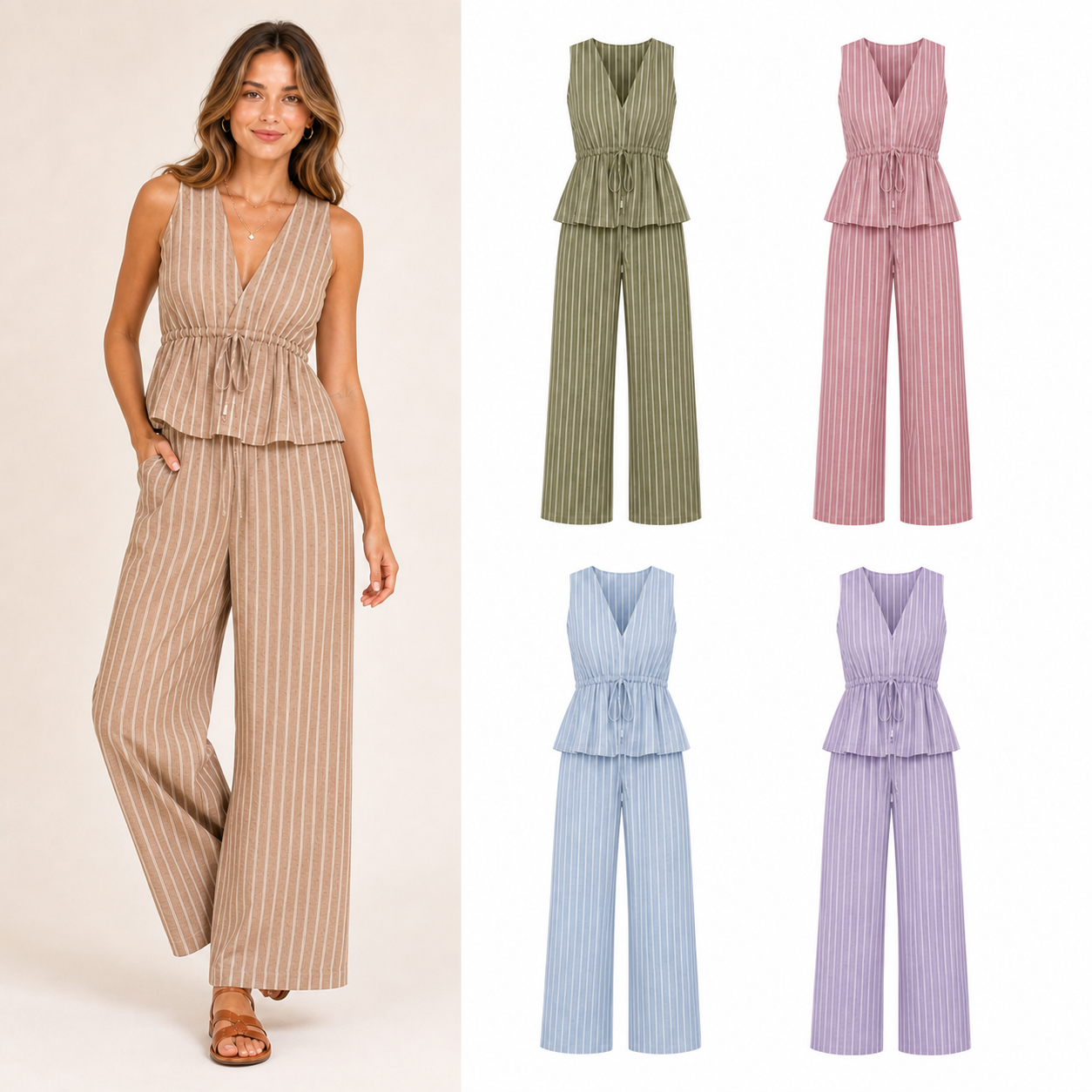 Women's pinstripe peplum wide leg pants set mixed four pack B