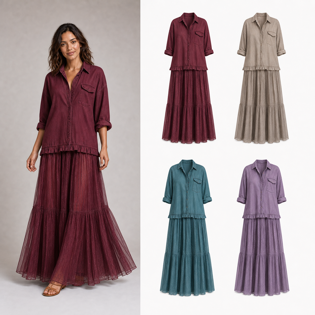 Women's ruffle shirt and tiered maxi skirt set mixed four pack B