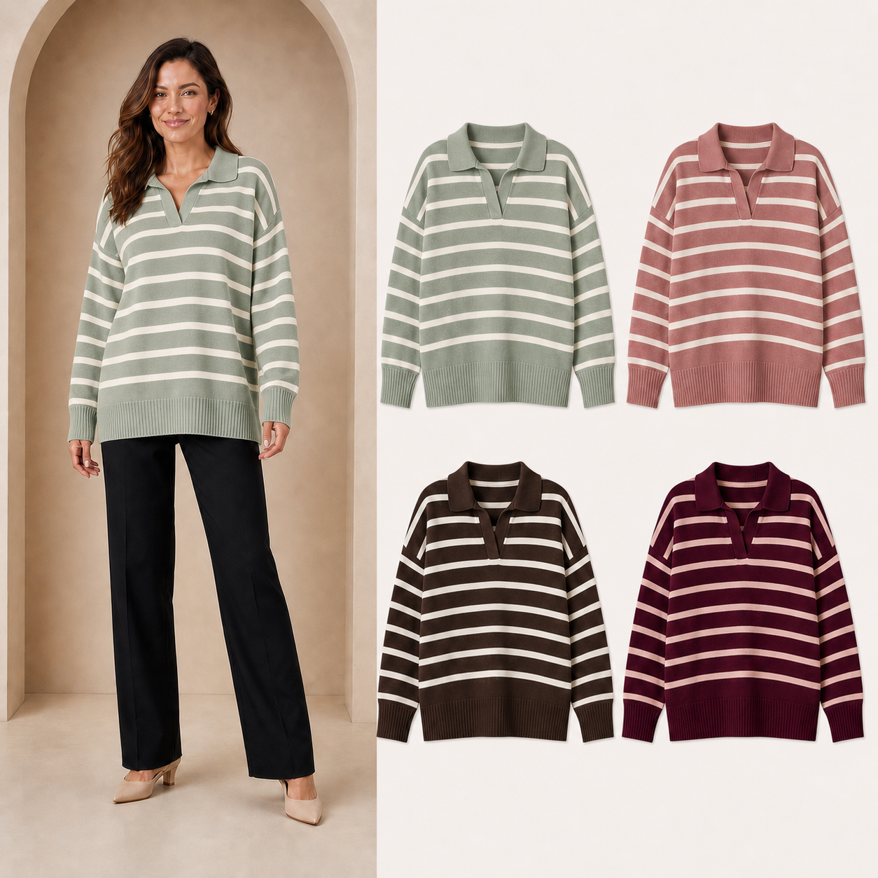 Women's striped collared knit top four-pack B