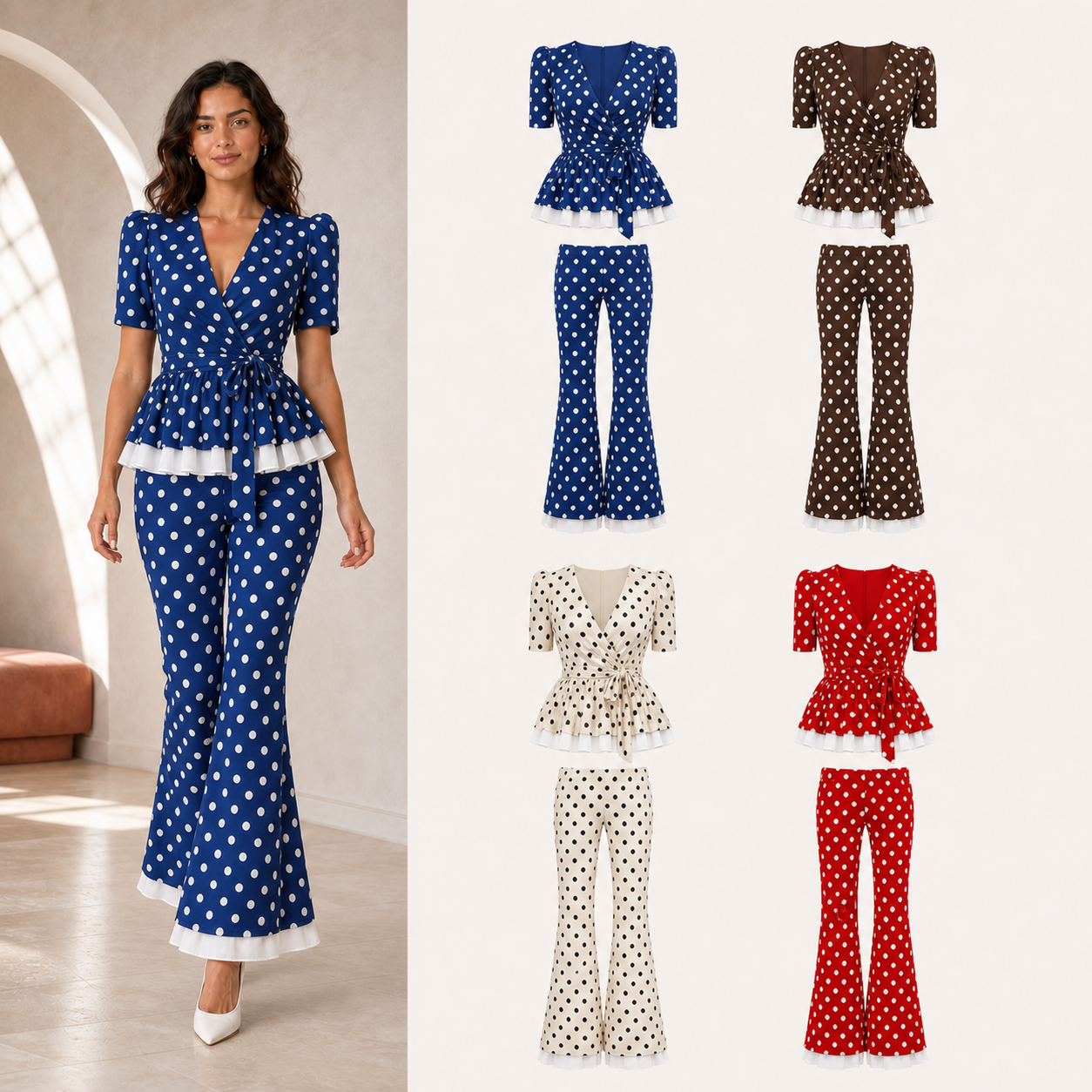 Women's polka dot peplum and flare pants mixed four pack B