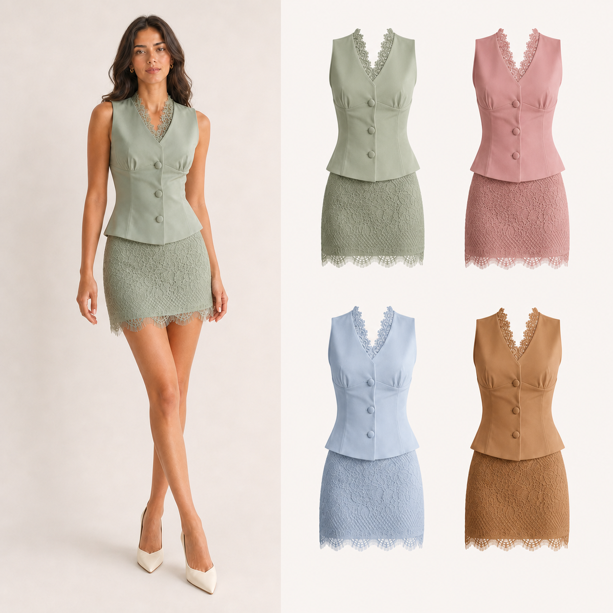 Women's lace-trim vest and mini skirt set mixed four pack B
