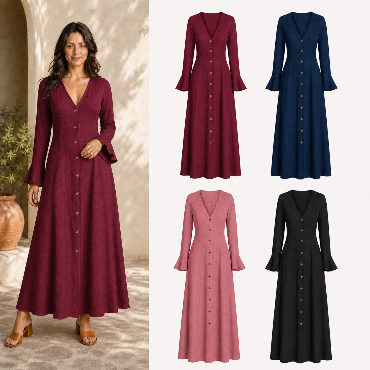 Women's V-neck bell-sleeve maxi dress mixed four pack B