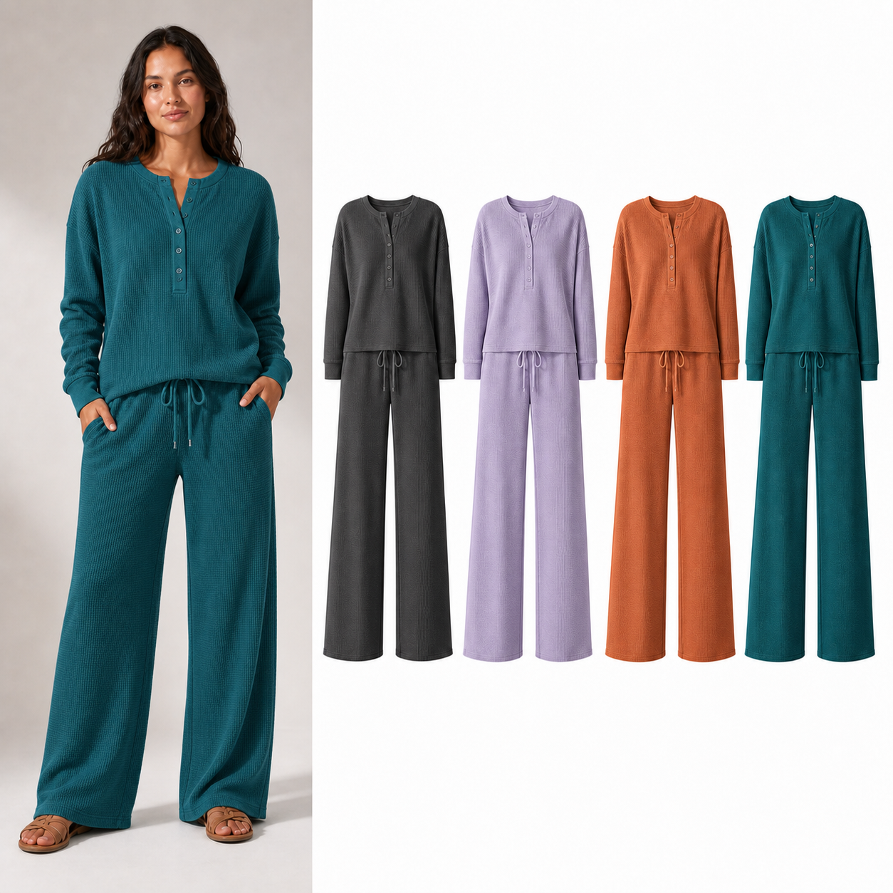 Women's waffle Henley wide-leg lounge set mixed four pack B