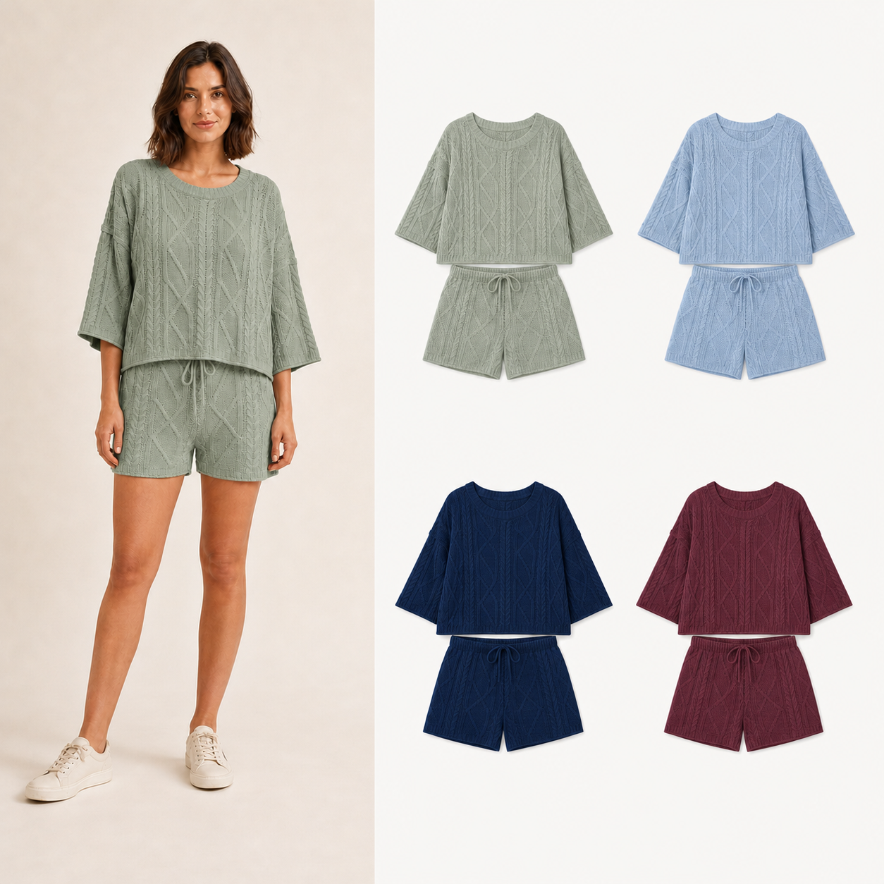 Women's openwork cable-knit top and shorts mixed four pack B
