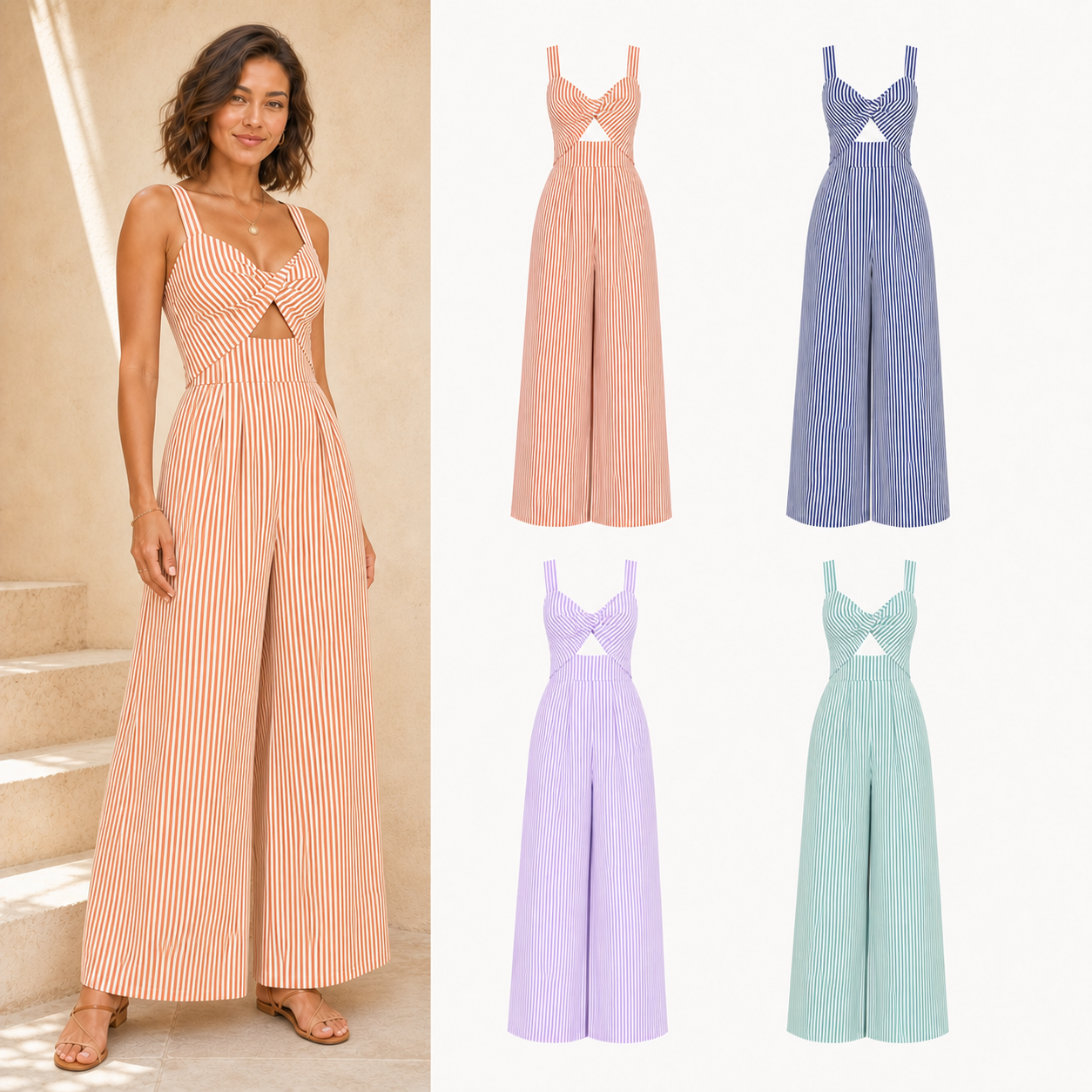 Women's striped twist-front jumpsuit four-pack B