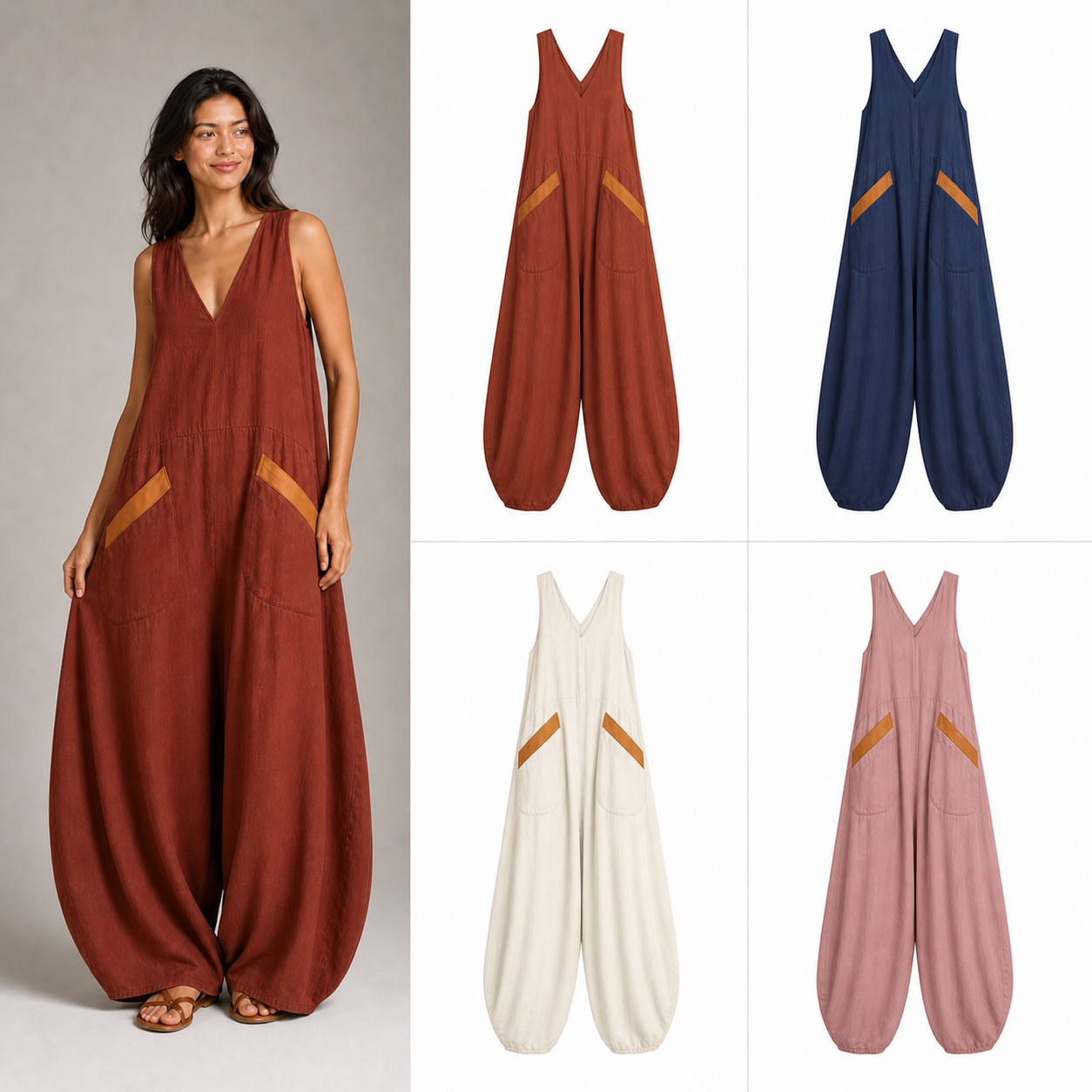 Women's contrast-pocket wide-leg jumpsuit mixed four pack B
