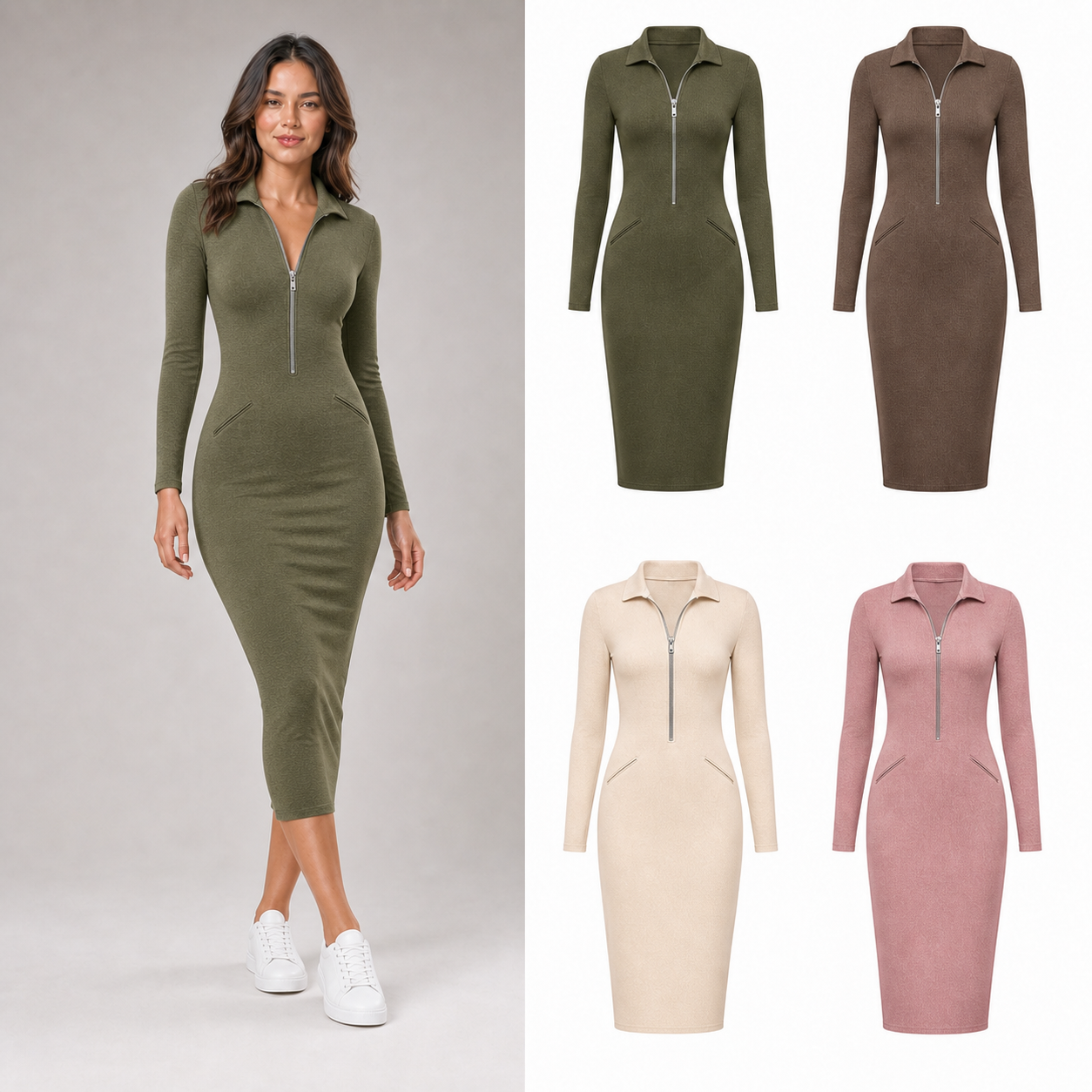 Women's half-zip collared bodycon midi dress mixed four pack B